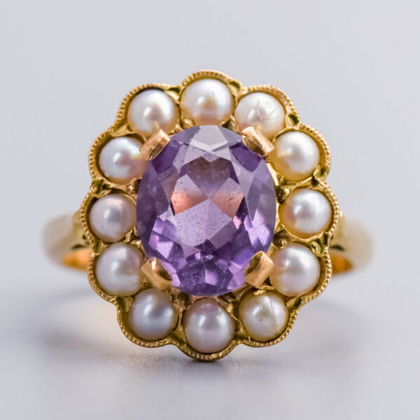 9ct Gold Amethyst & Pearl Cluster Ring