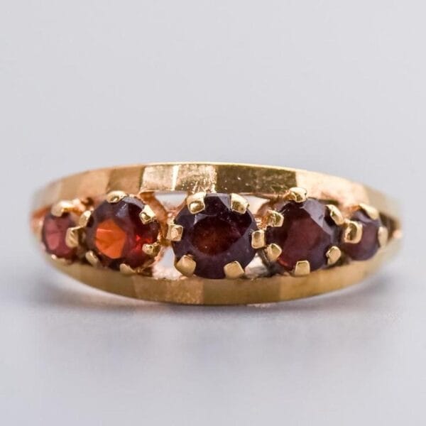 9K Gold Five Stone Red Garnet Ring