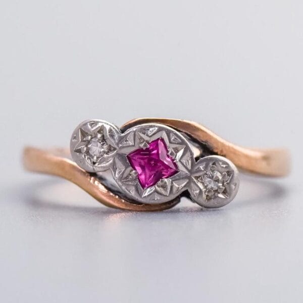 9K Rose Gold Art Deco Ruby & Diamond Crossover Ring