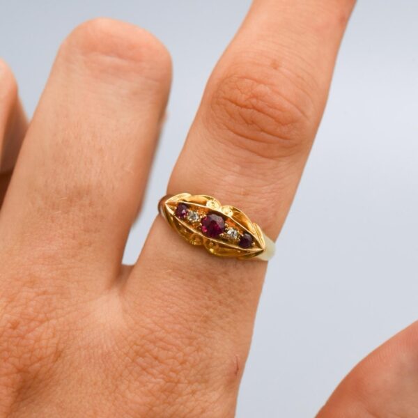 18K Gold Victorian Ruby & Diamond Boat Ring - Image 2