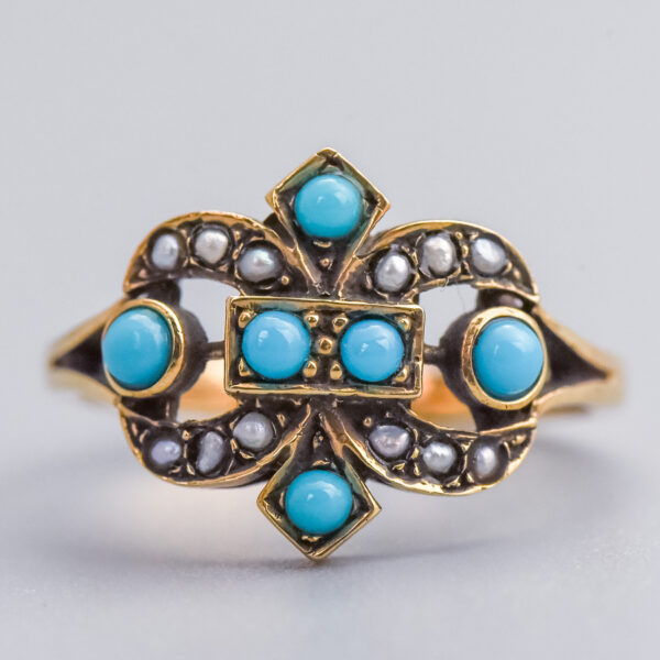 9ct Gold Victorian Seed Pearl & Turquoise Ring