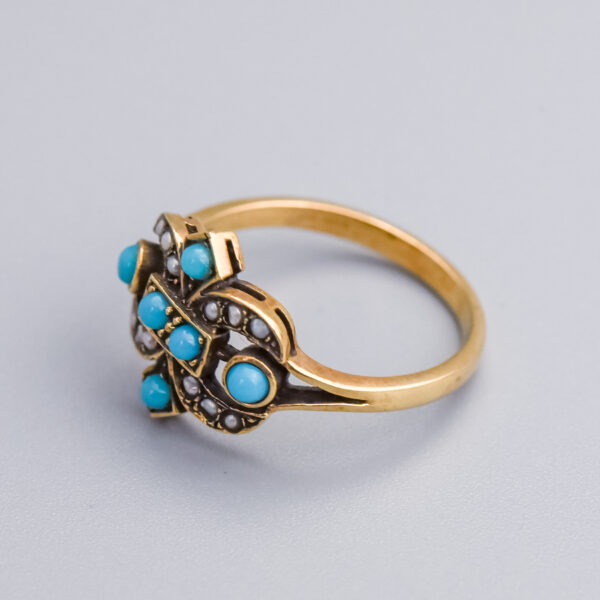 9ct Gold Victorian Seed Pearl & Turquoise Ring - Image 3