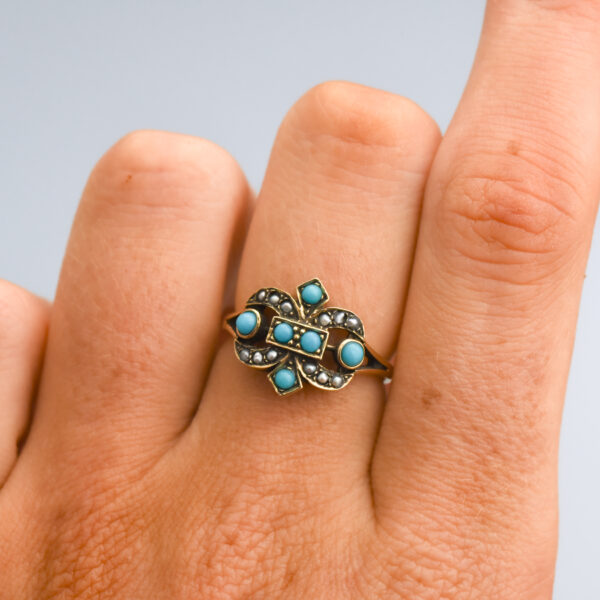 9ct Gold Victorian Seed Pearl & Turquoise Ring - Image 5