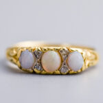 18ct Gold Opal & Diamond Carved Half Hoop Ring