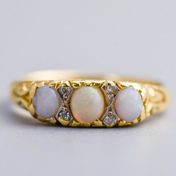 18ct Gold Opal & Diamond Carved Half Hoop Ring