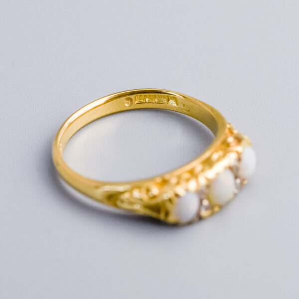 18ct Gold Opal & Diamond Carved Half Hoop Ring - Image 2