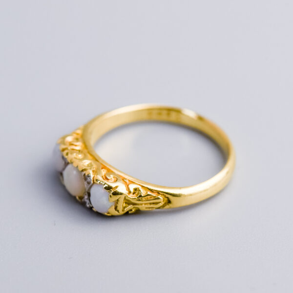 18ct Gold Opal & Diamond Carved Half Hoop Ring - Image 3
