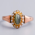 9ct Rose Gold Victorian Green Cat's Eye & Seed Pearl Cluster Ring