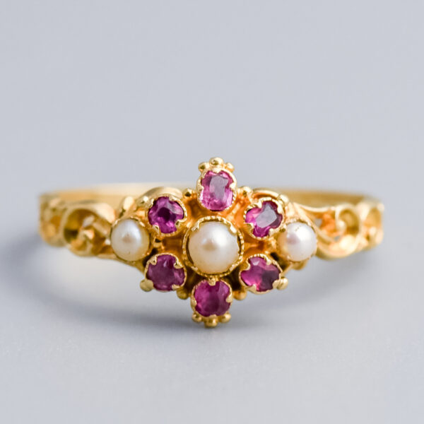 15ct Gold Victorian Ruby & Pearl Cluster Ring