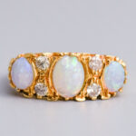 18ct Gold Opal & Diamond Carved Half Hoop Ring
