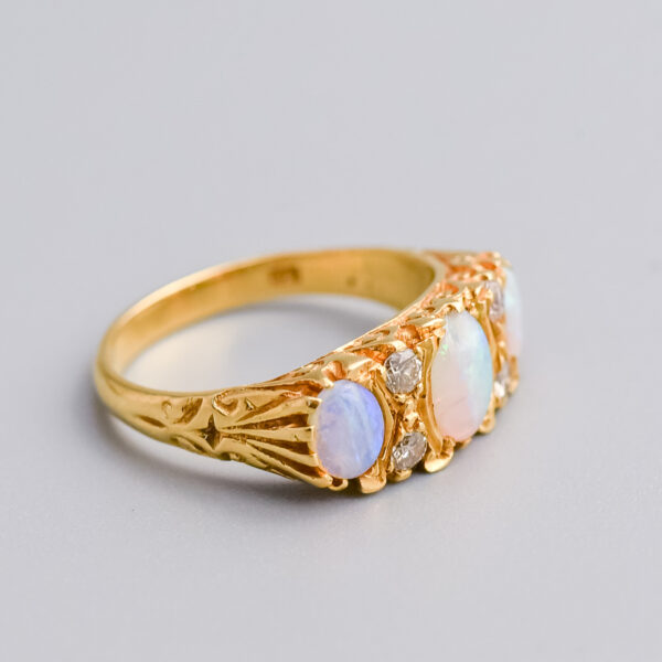 18ct Gold Opal & Diamond Carved Half Hoop Ring - Image 2