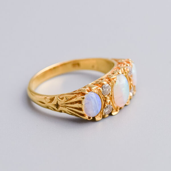 18ct Gold Opal & Diamond Carved Half Hoop Ring - Image 3