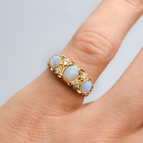 18ct Gold Opal & Diamond Carved Half Hoop Ring - Image 7