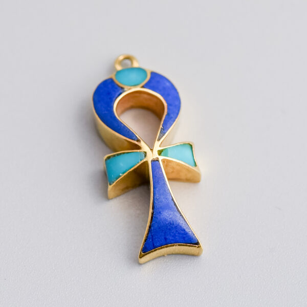 18ct Gold Lapis Lazuli & Turquoise Ankh Cross Pendant