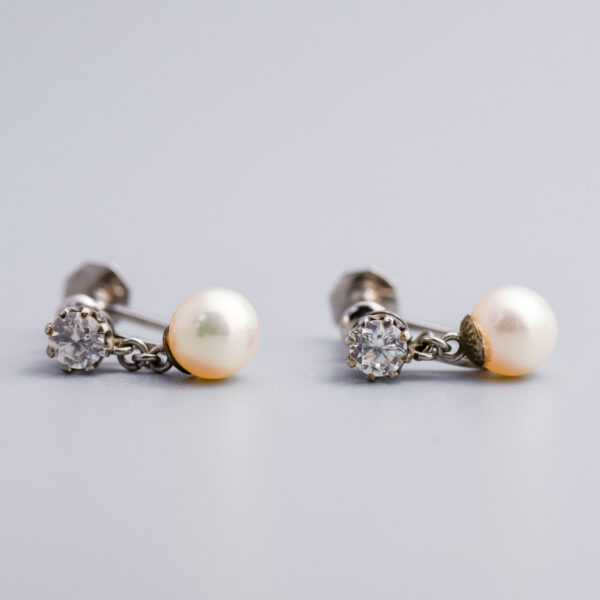 9ct White Gold Faux Pearl & CZ Dangly Earrings