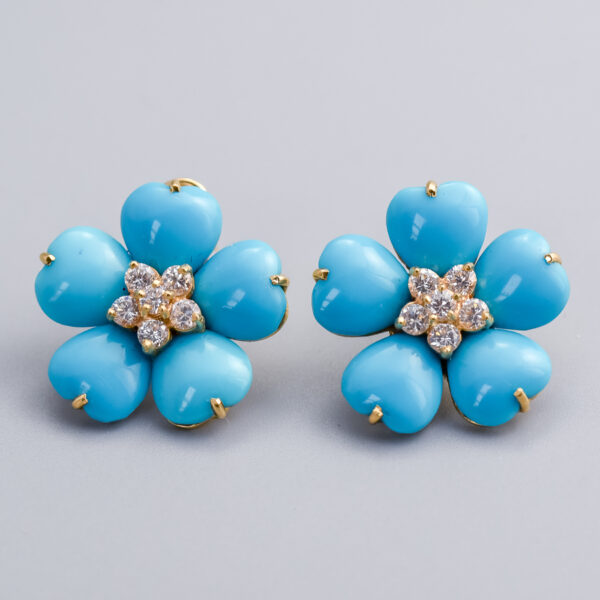 18ct Gold Turquoise & CZ Flower Earrings