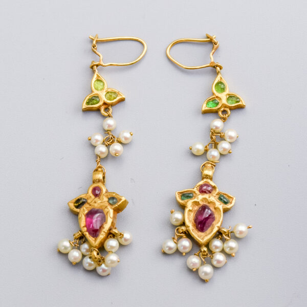 18ct Gold Antique Multi-Gemstone Cluster Drop Earrings