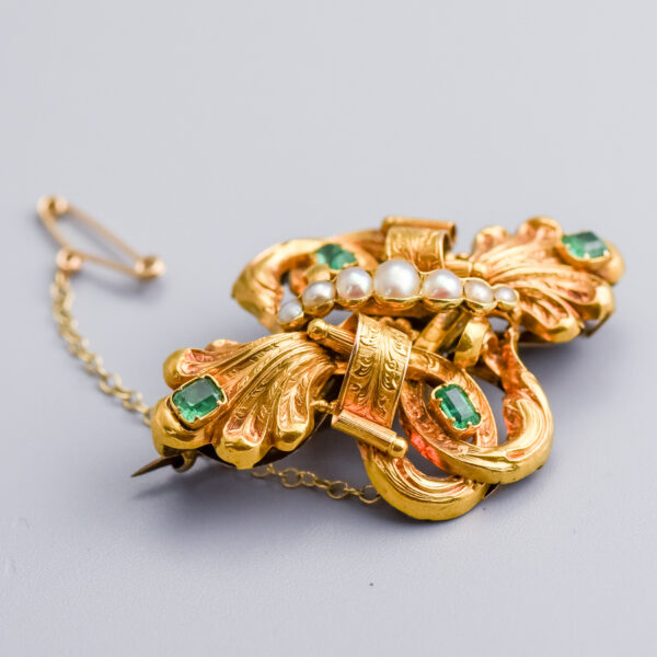 18ct Gold Victorian Pearl & Emerald Brooch - Image 2