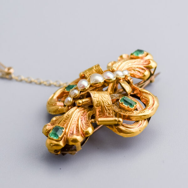 18ct Gold Victorian Pearl & Emerald Brooch - Image 3