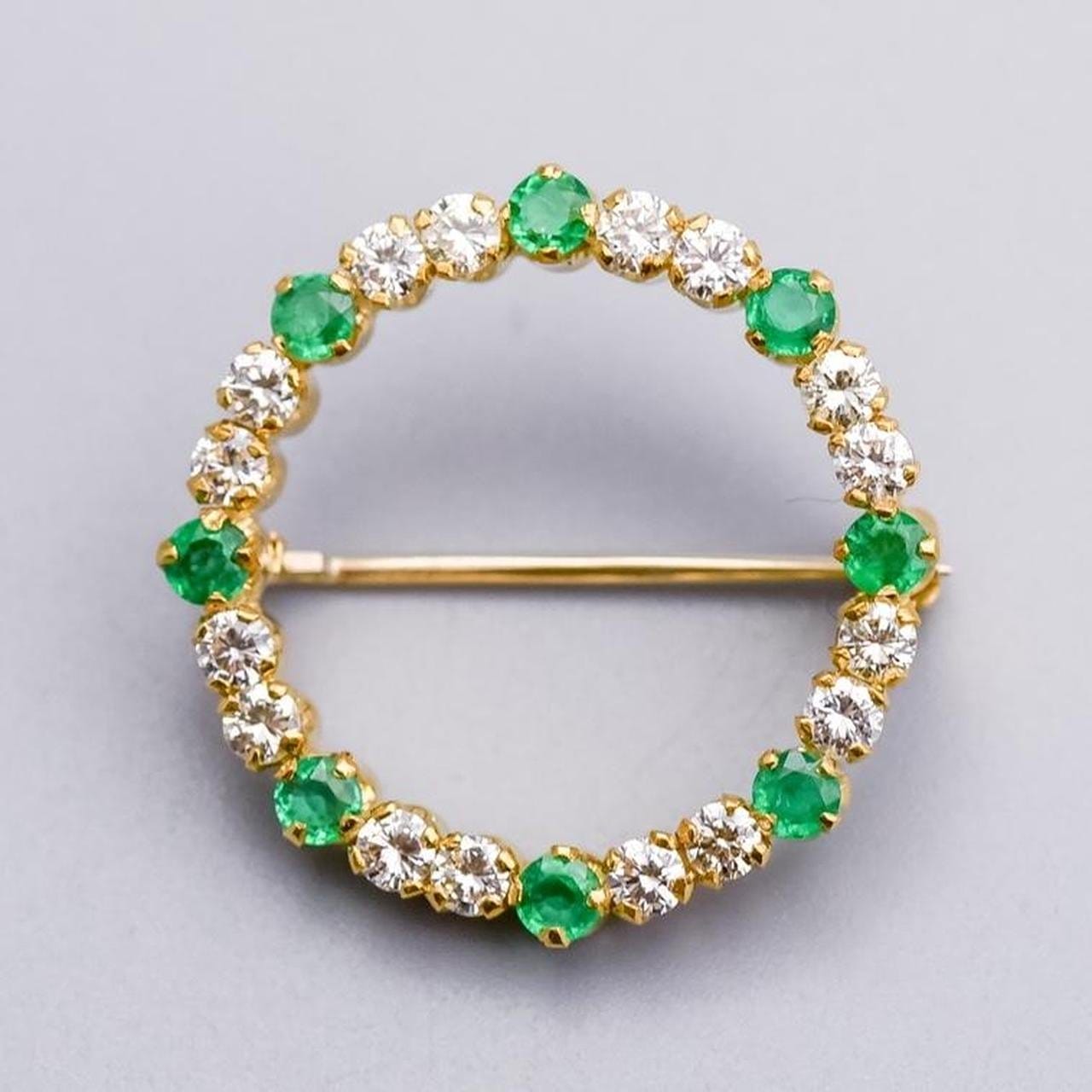 18K Gold Emerald and Diamond Brooch