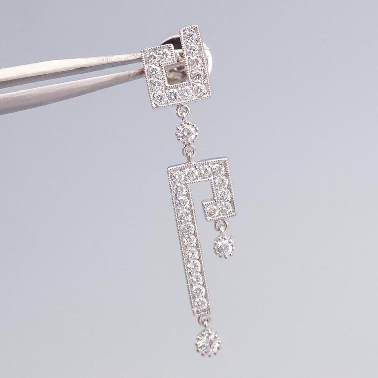 18K White Gold Diamond Clustered Greek Key Earrings