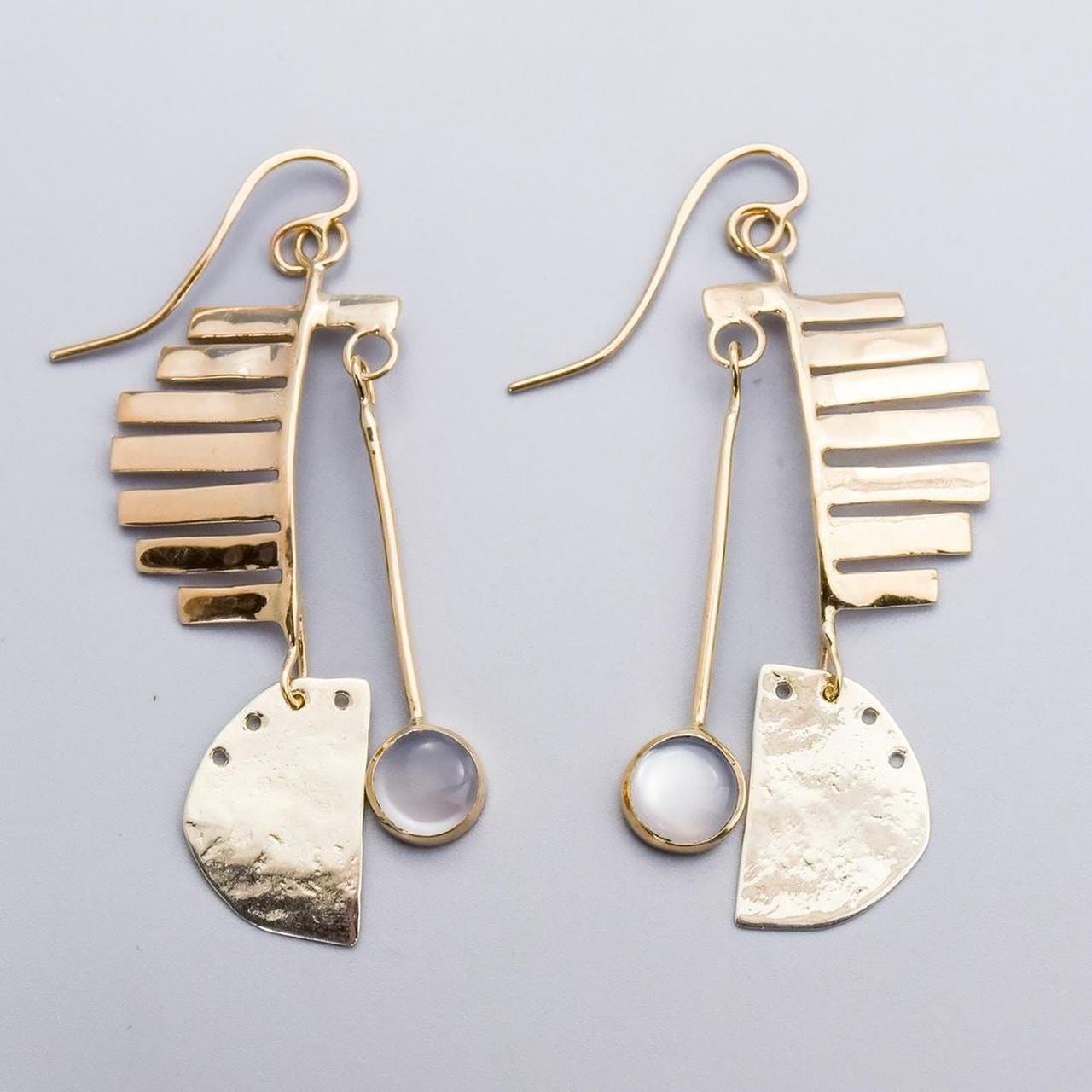 9K Gold Abstract Moonstone Dangly Earrings