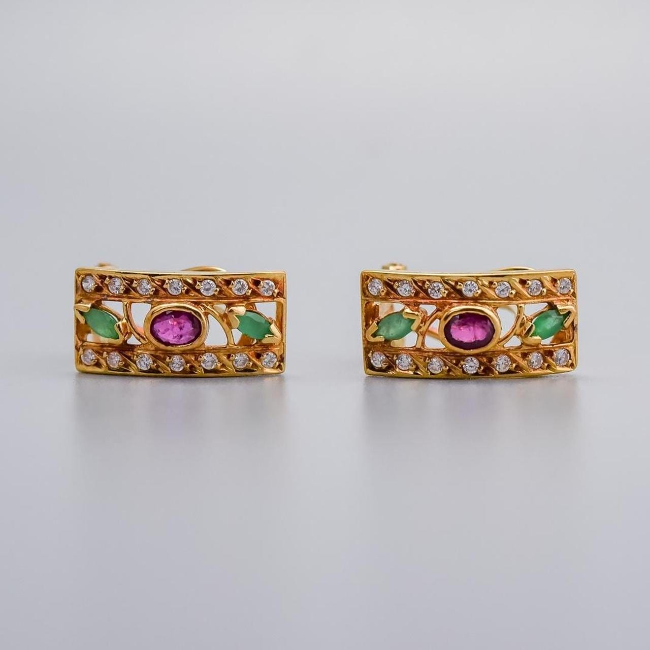 18K Gold Ruby, Emerald and Diamond Earrings