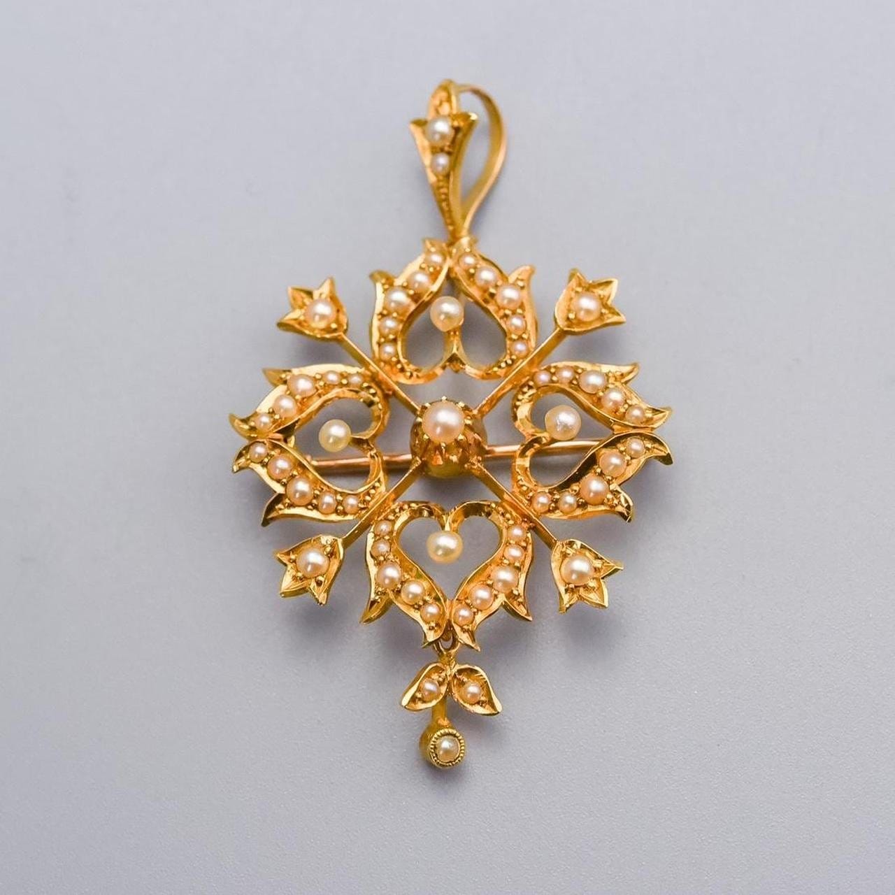 15K Gold Seed Pearl Pendant Brooch