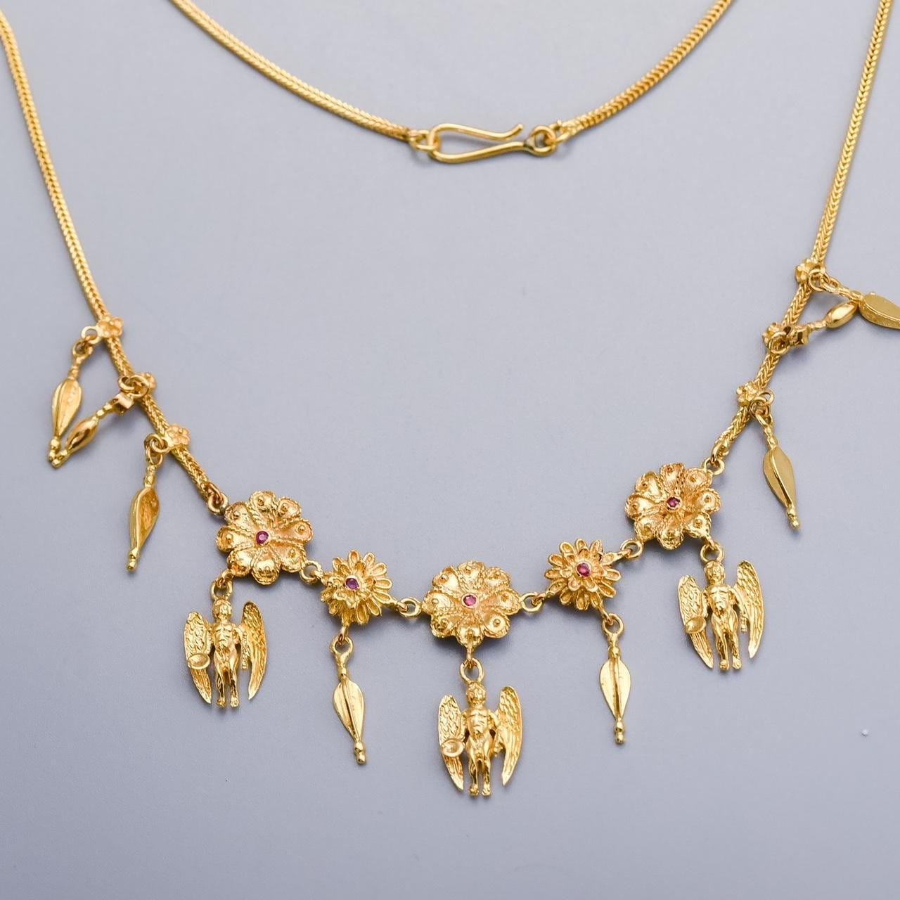 18K Gold Antique Flower and Angel Motif Necklace
