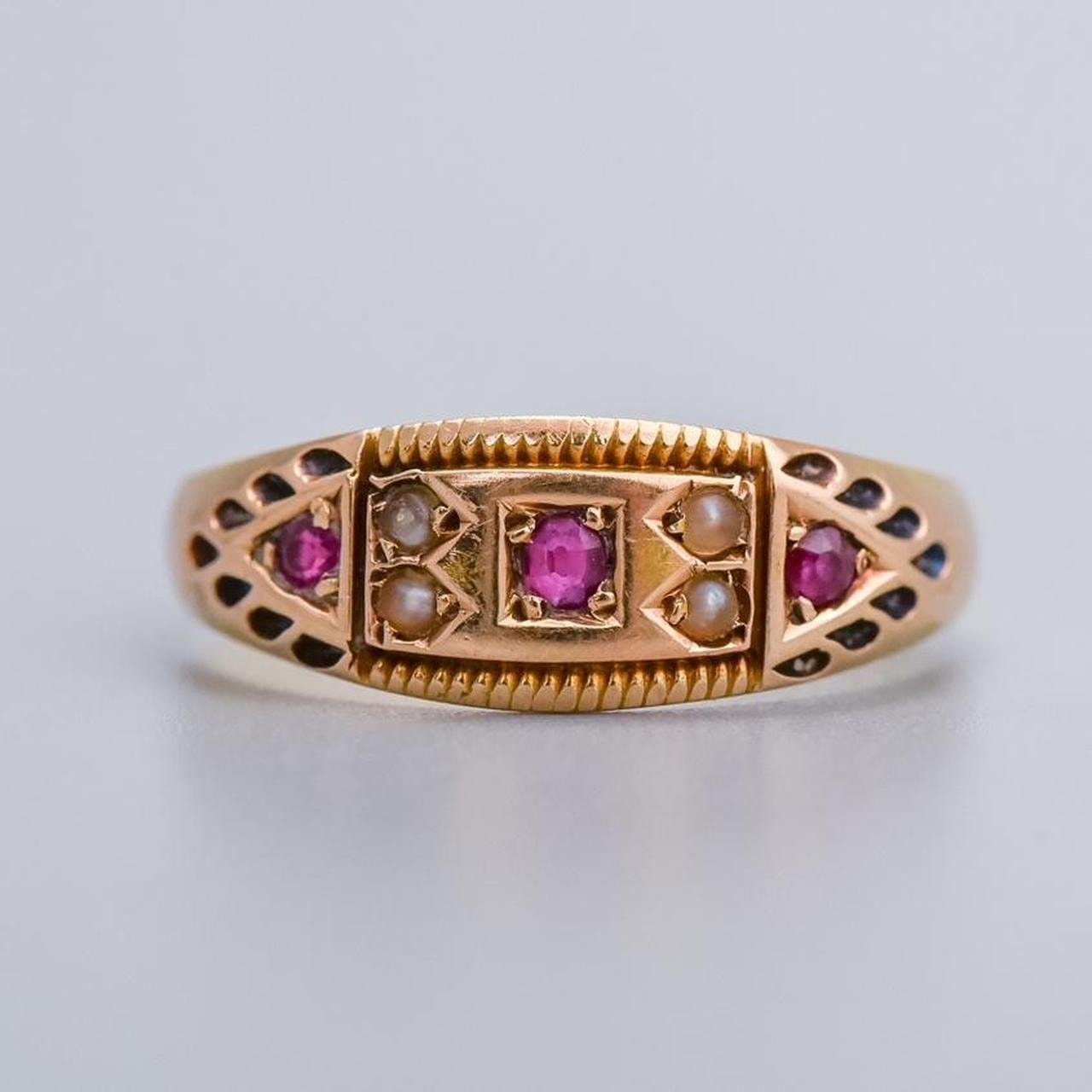 15K Gold Late Victorian Ruby and Pearl Gypsy Ring