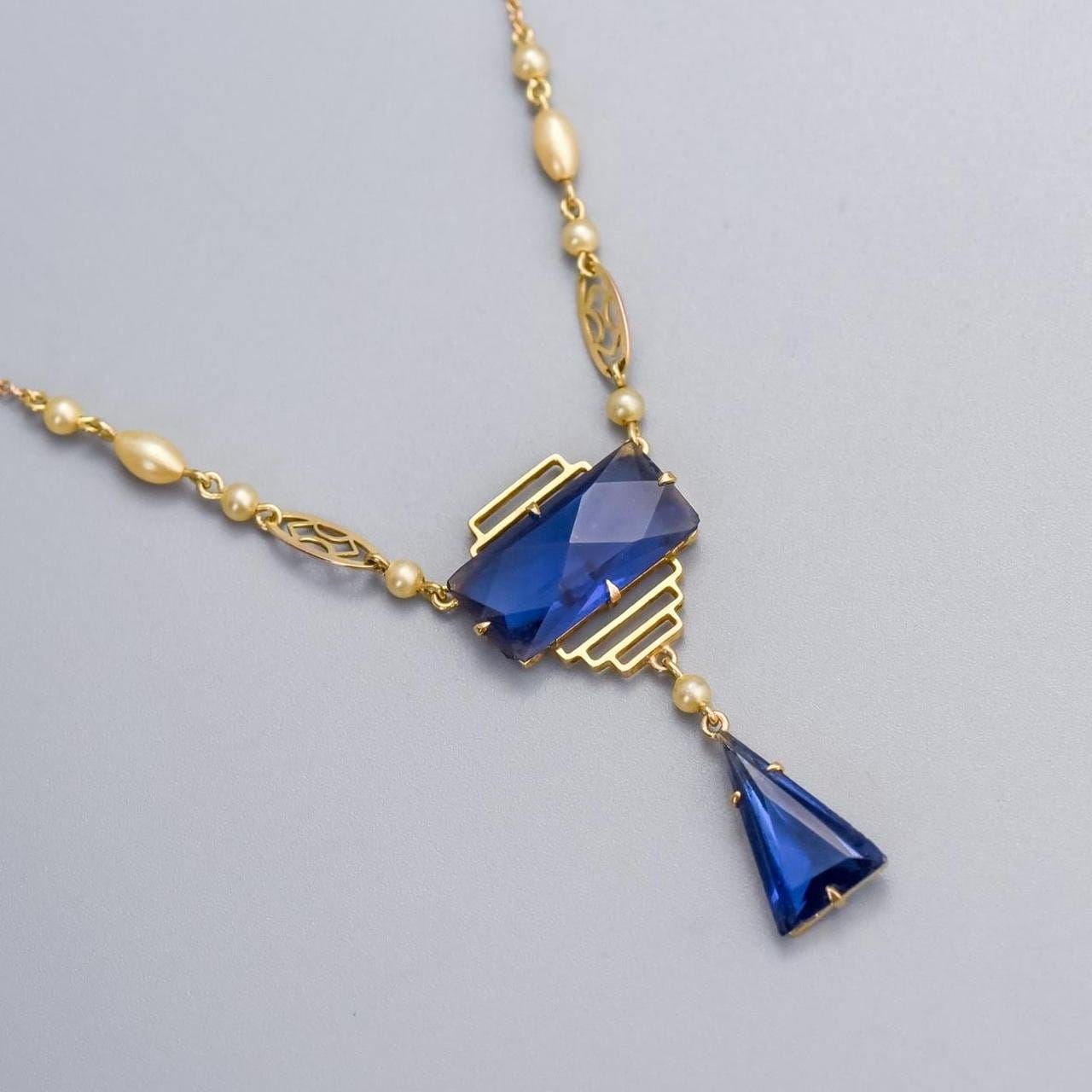 9K Gold Art Deco Edwardian Blue Paste Necklace