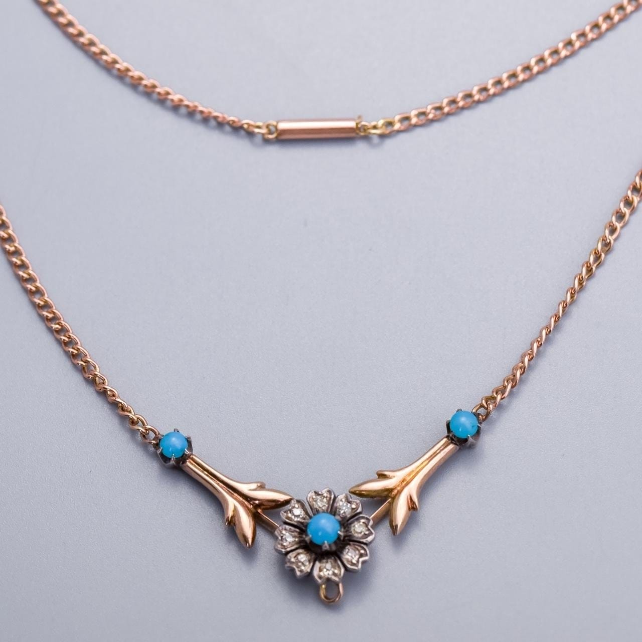 9K Gold Victorian Diamond and Turquoise Flower Necklace