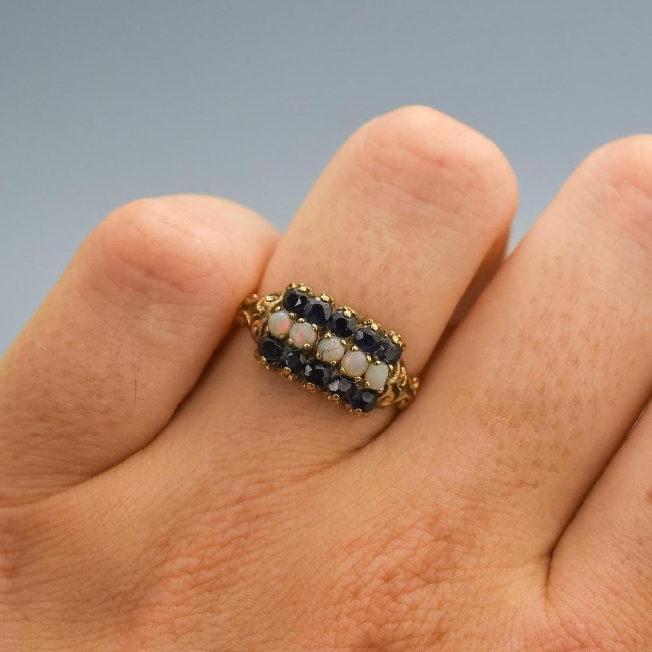 9K Gold Sapphire and Opal Ring