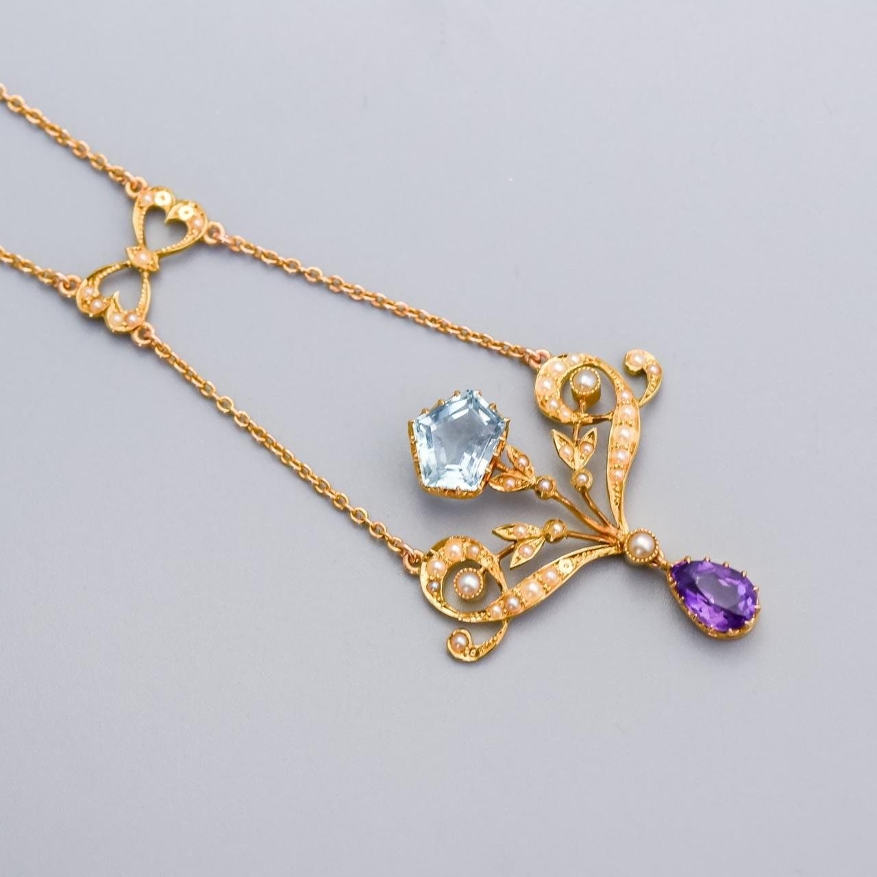 15K Gold Victorian Aquamarine & Amethyst Tear Drop Necklace C.1850