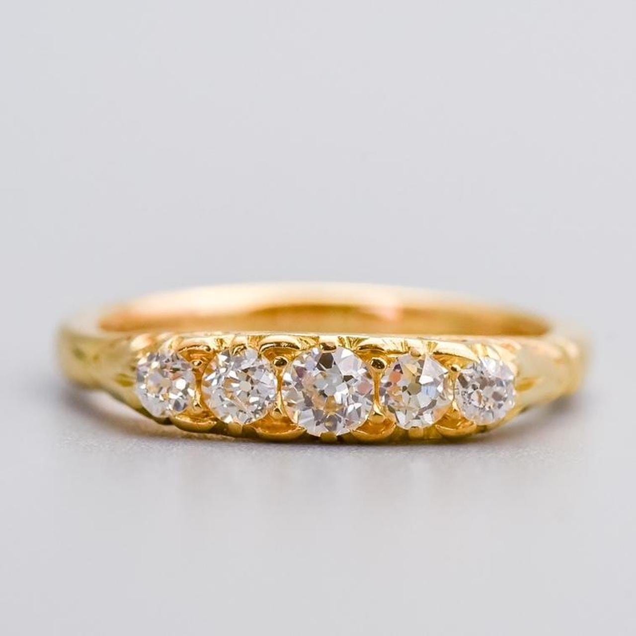 18K Gold Antique Diamond Carved Half Hoop Ring