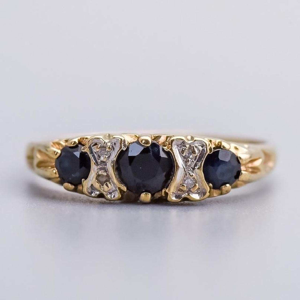 9K Gold Sapphire Carved Half Hoop Ring
