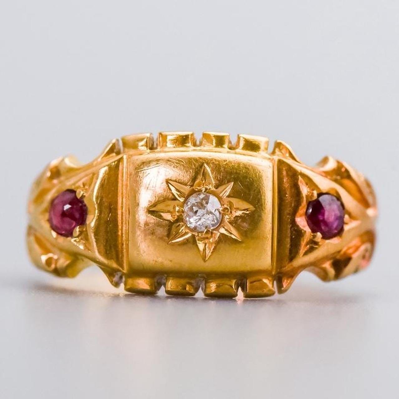 18K Gold Antique Diamond & Ruby Gypsy Ring