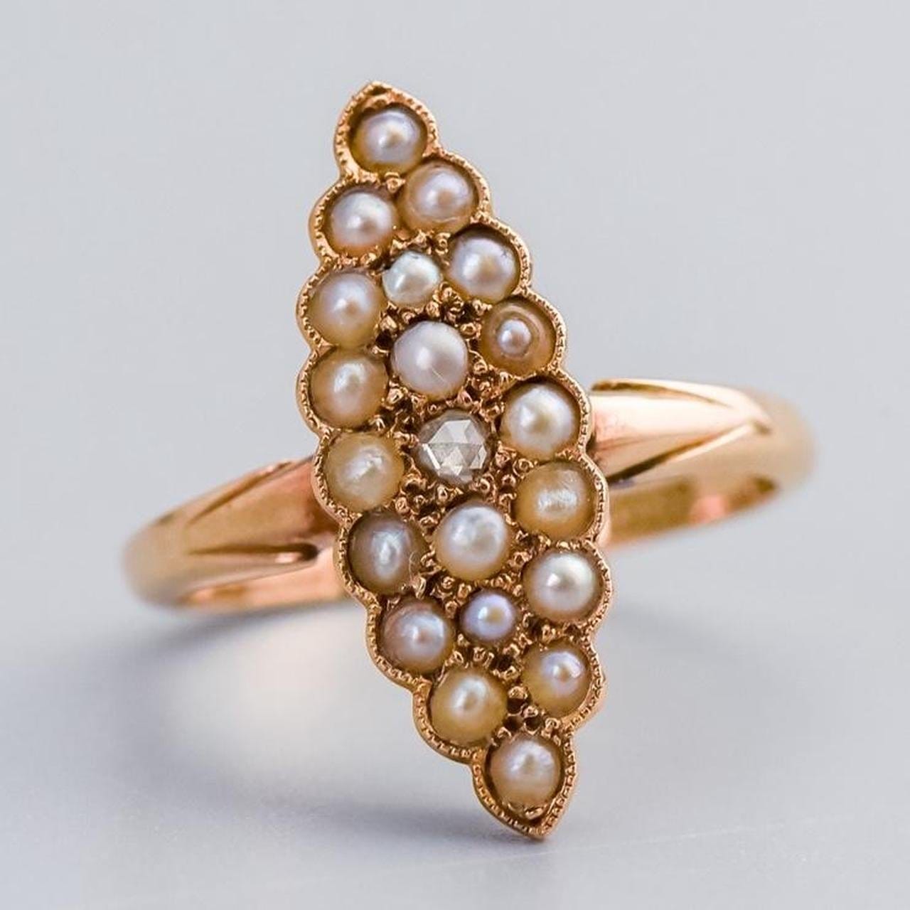 15K Gold Victorian Seed Pearl & Diamond Navette Ring