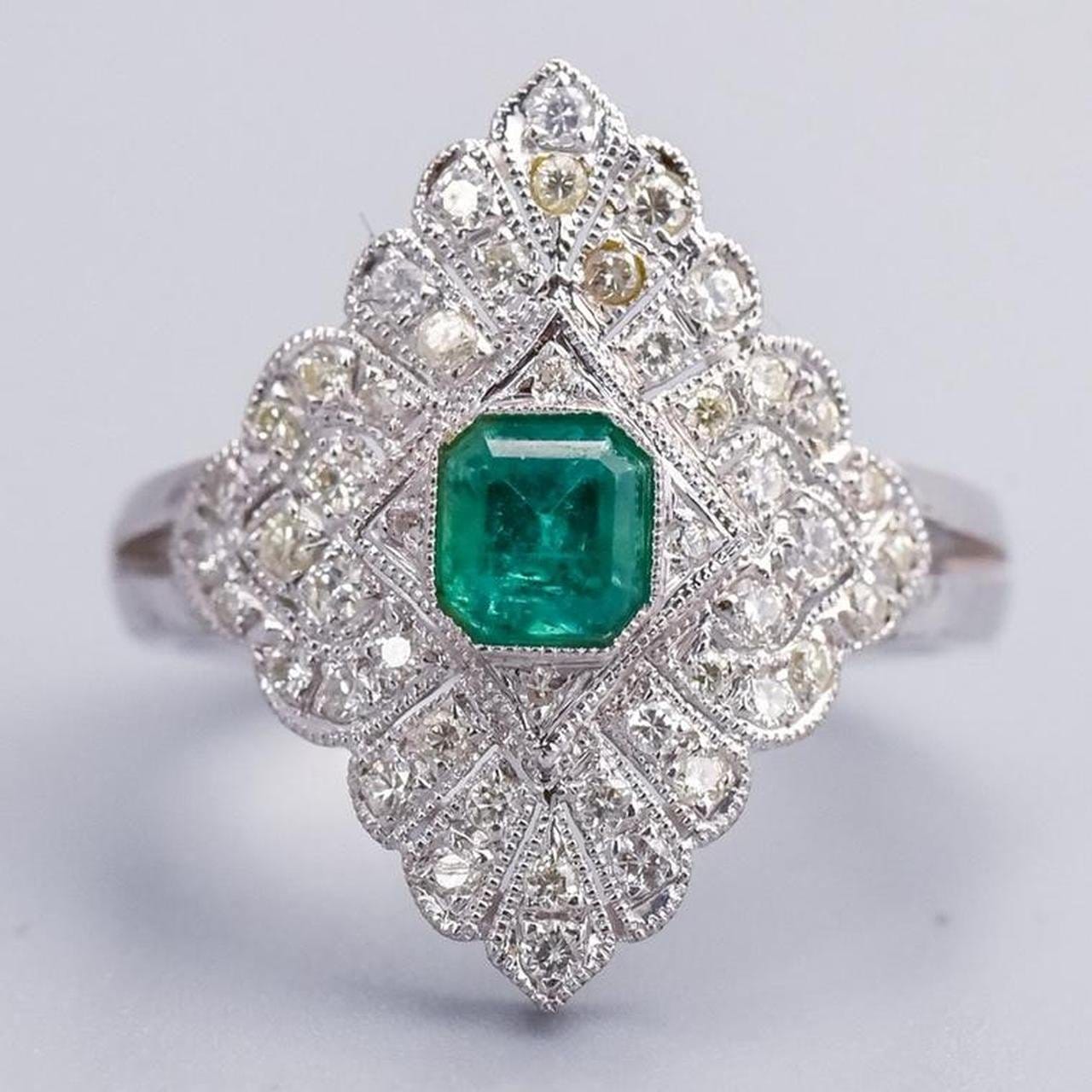 14K White Gold Emerald & Diamond Art Deco Style Ring