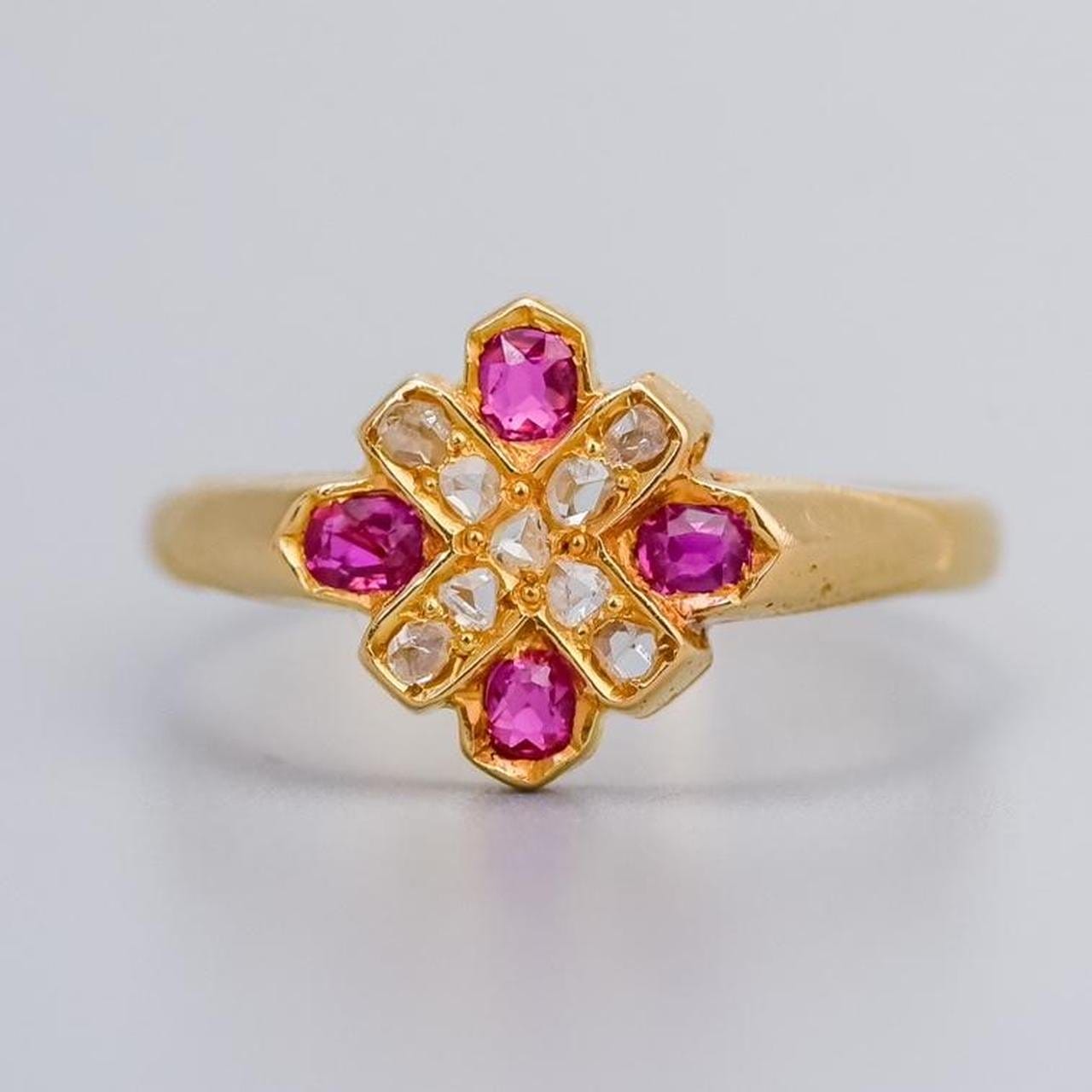 18K Gold Art Deco Ruby and Diamond Cluster Ring
