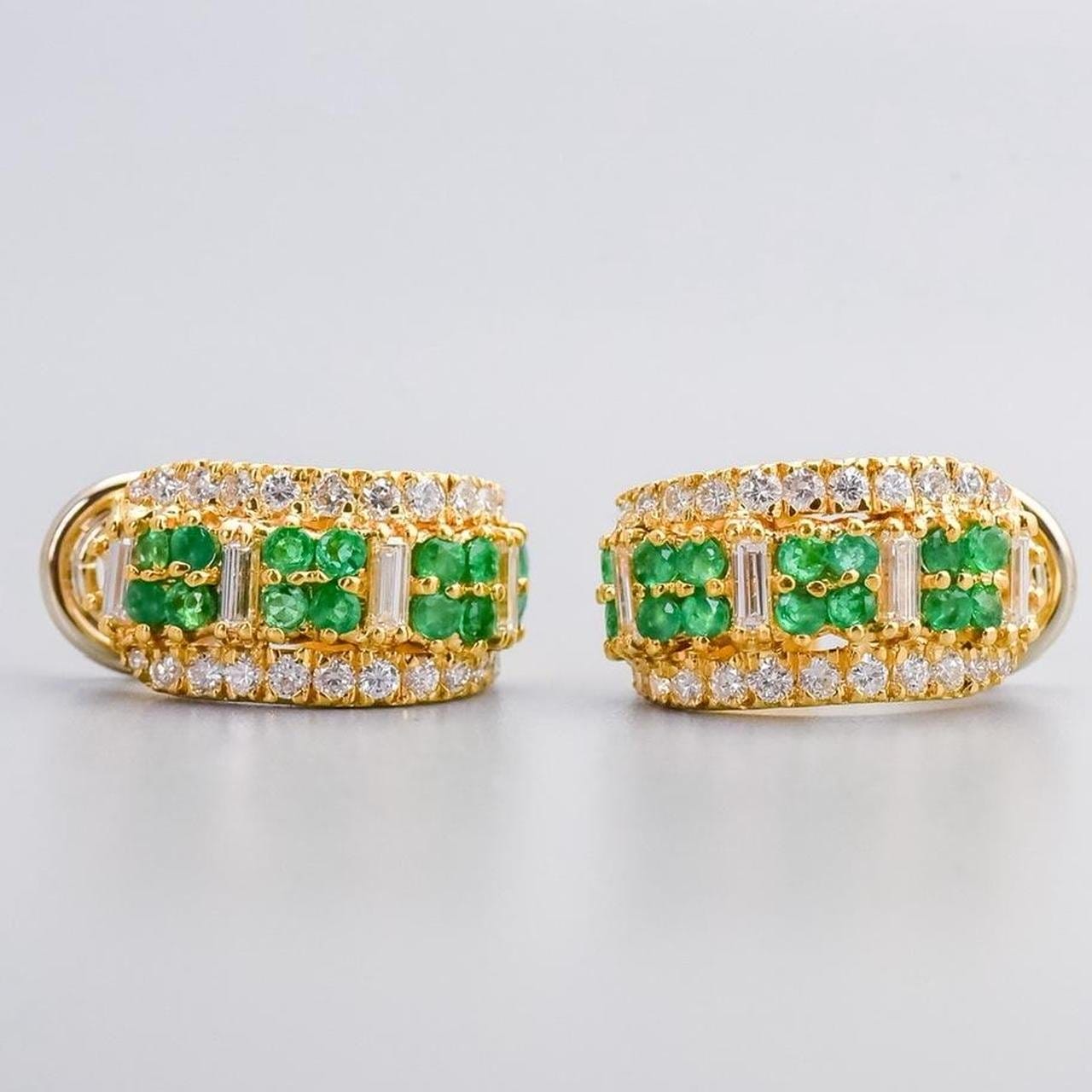 18K Gold Emerald & Diamond Huggie Earrings