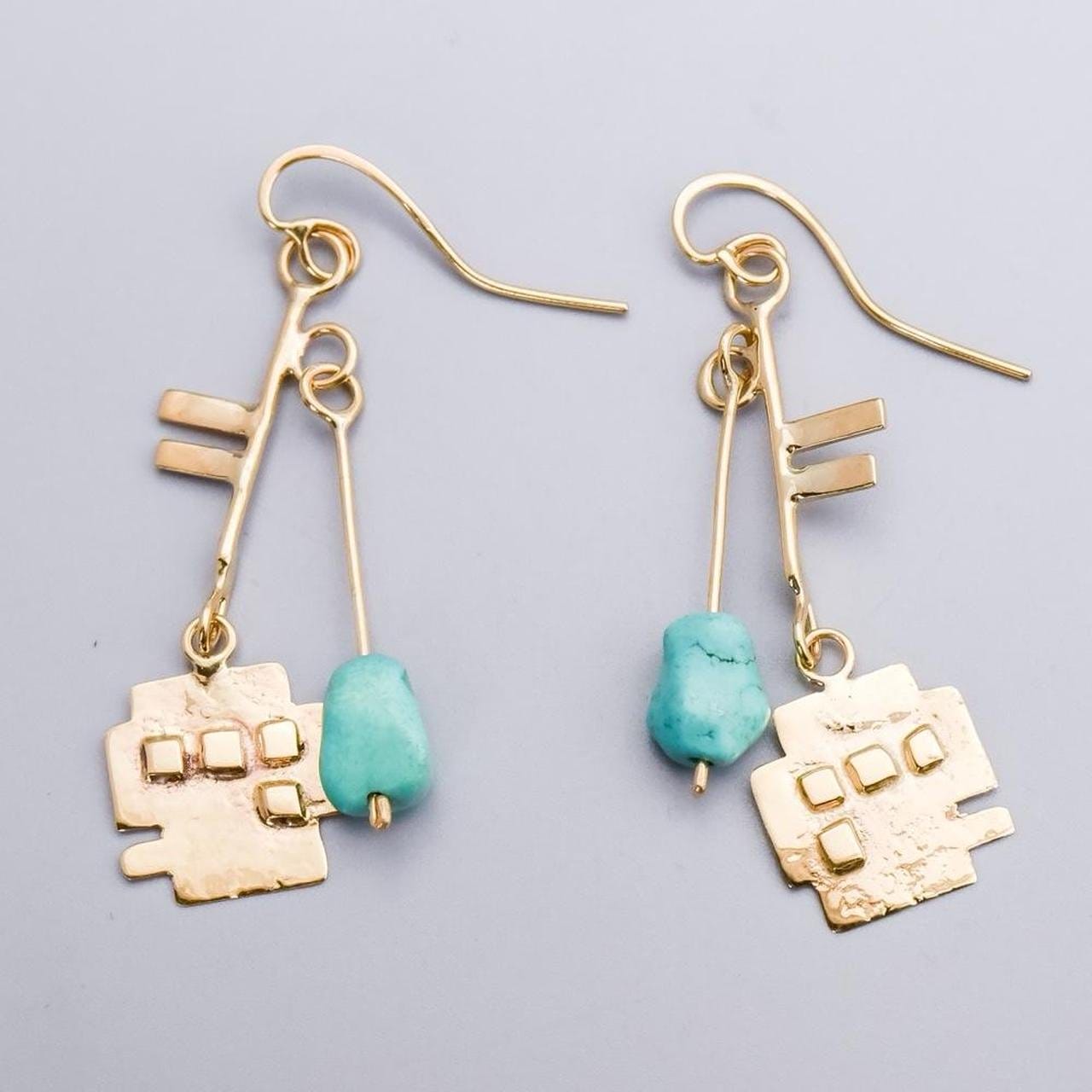 9K Gold Abstract Turquoise Dangly Earrings