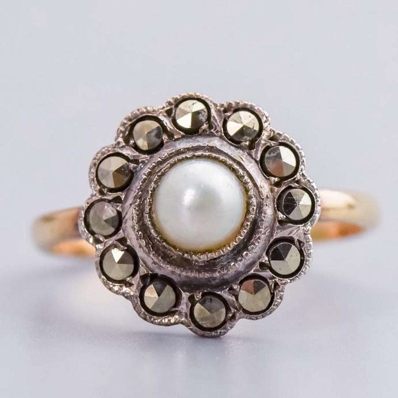 9K Gold Art Deco Pearl & Marcasite Ring