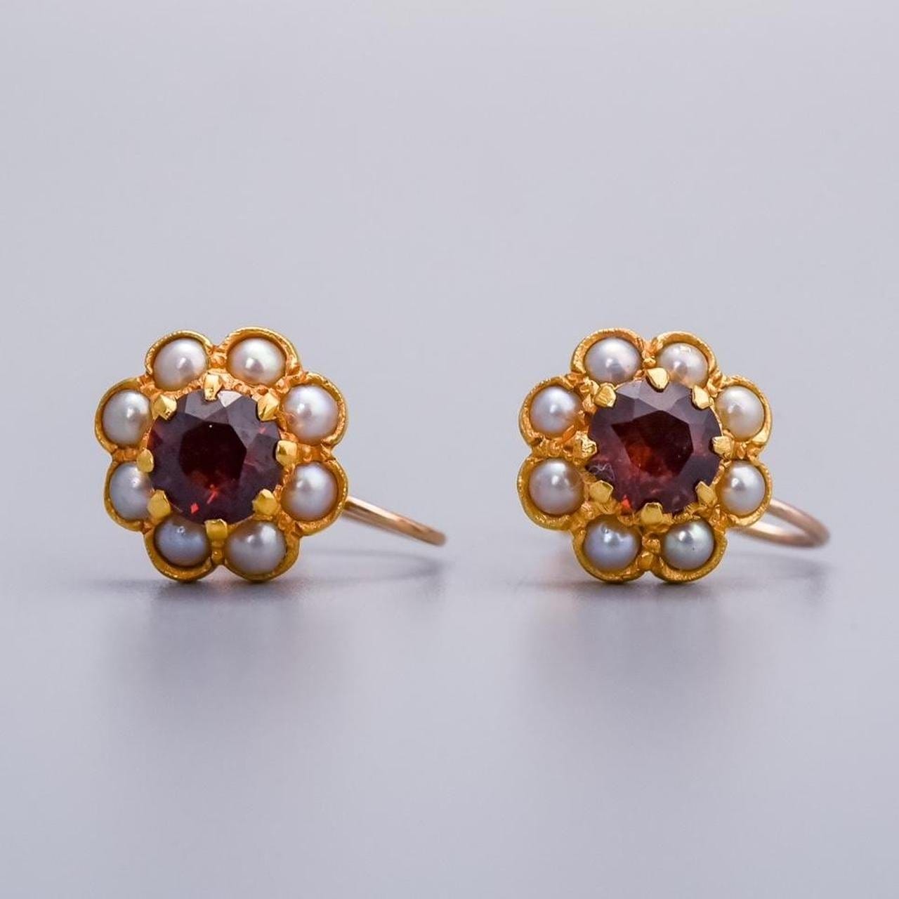 18K & 9K Gold Garnet and Seed Pearl Earrings