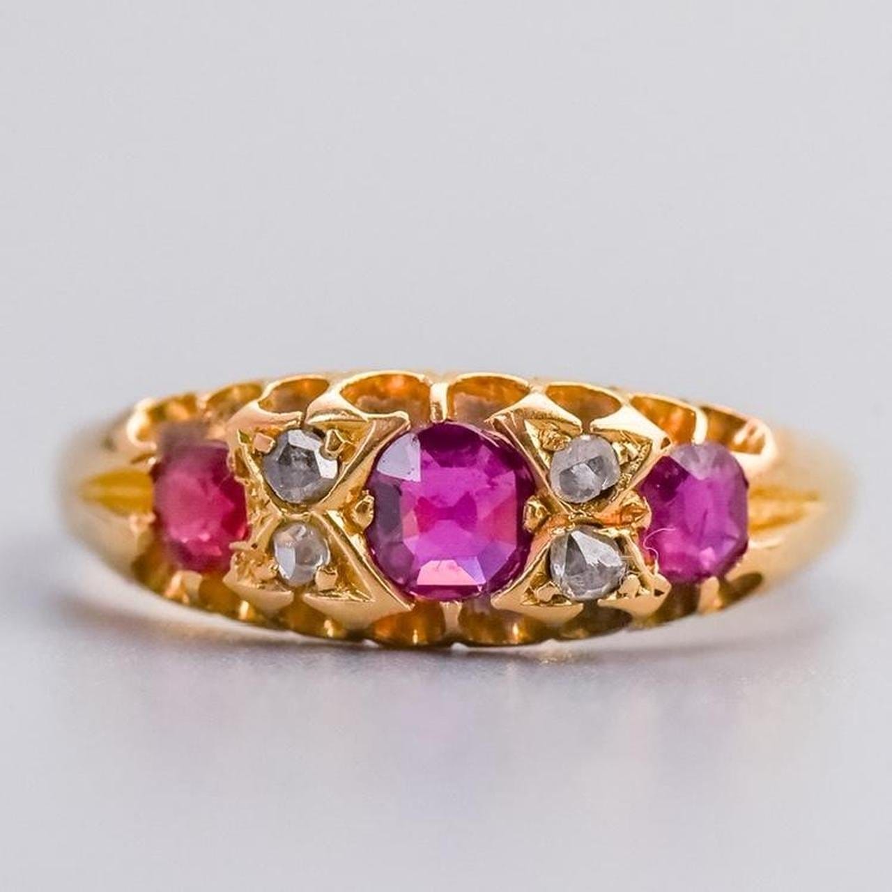 18K Antique Seven Stone Ruby & Diamond Ring