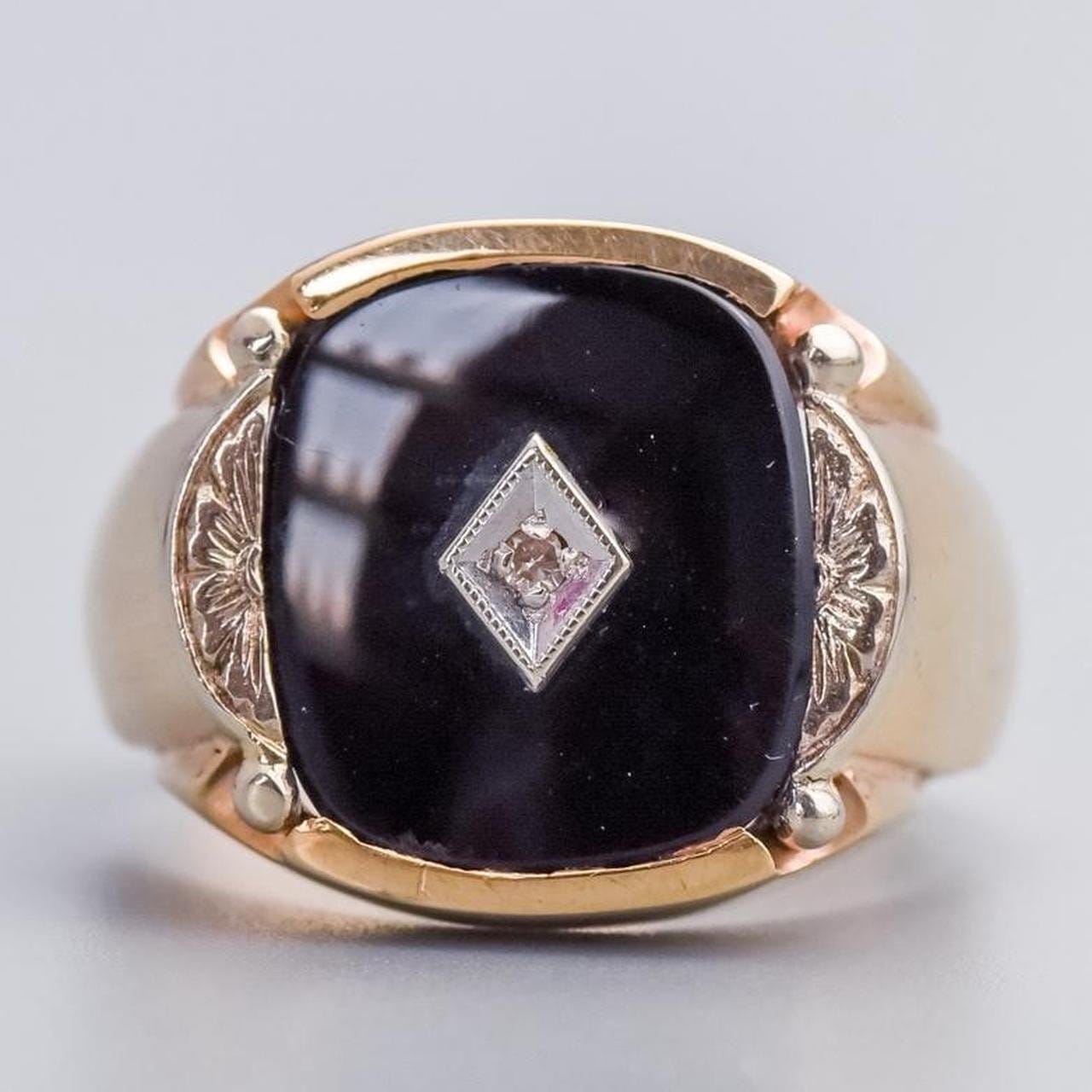 10K Gold Black Onyx & Diamond Signet Ring