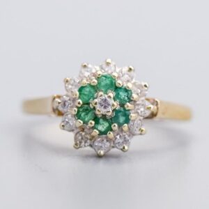 9K Gold Emerald and Diamond Cluster Ring