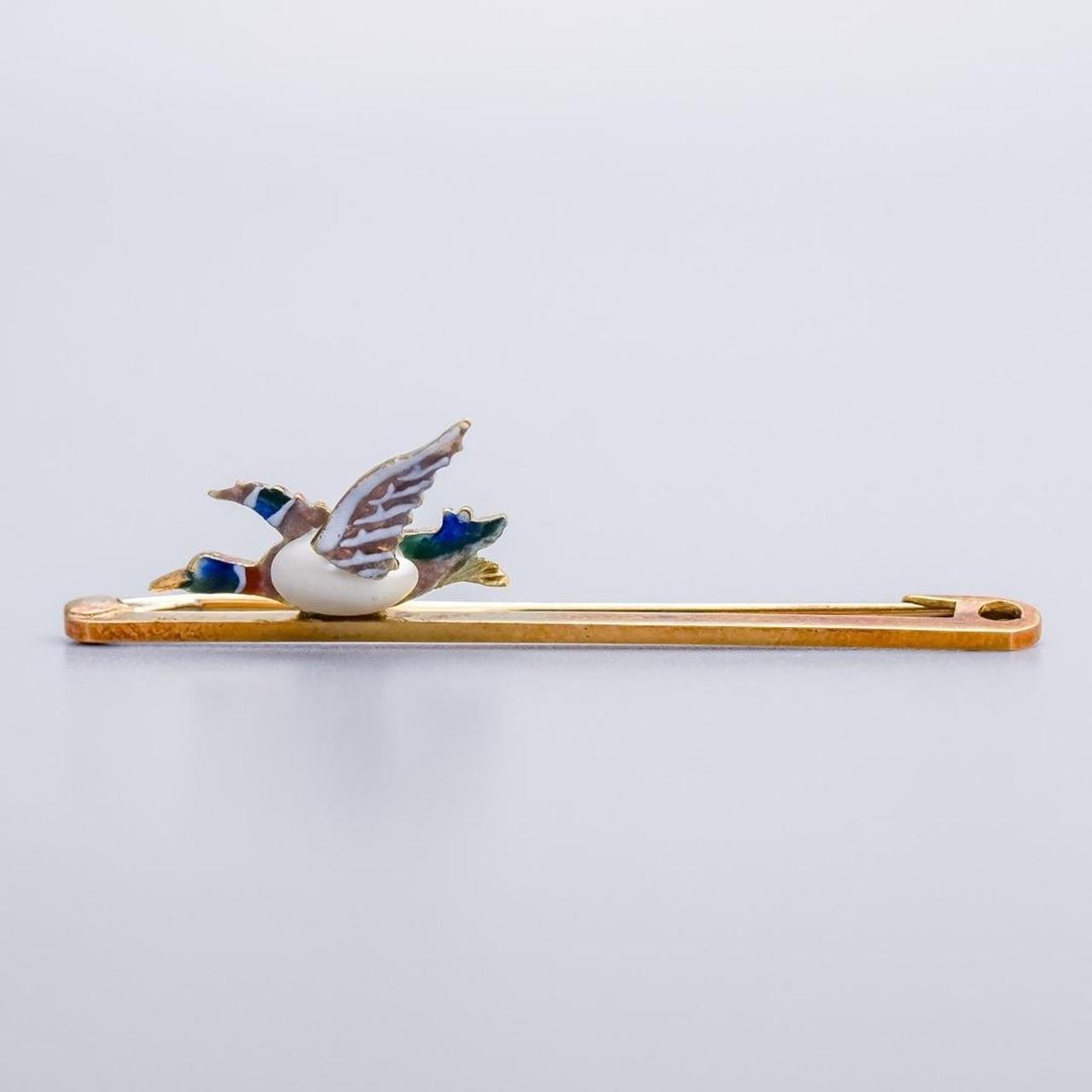 15K Gold Antique Pearl and Enamel Mallard Duck Brooch