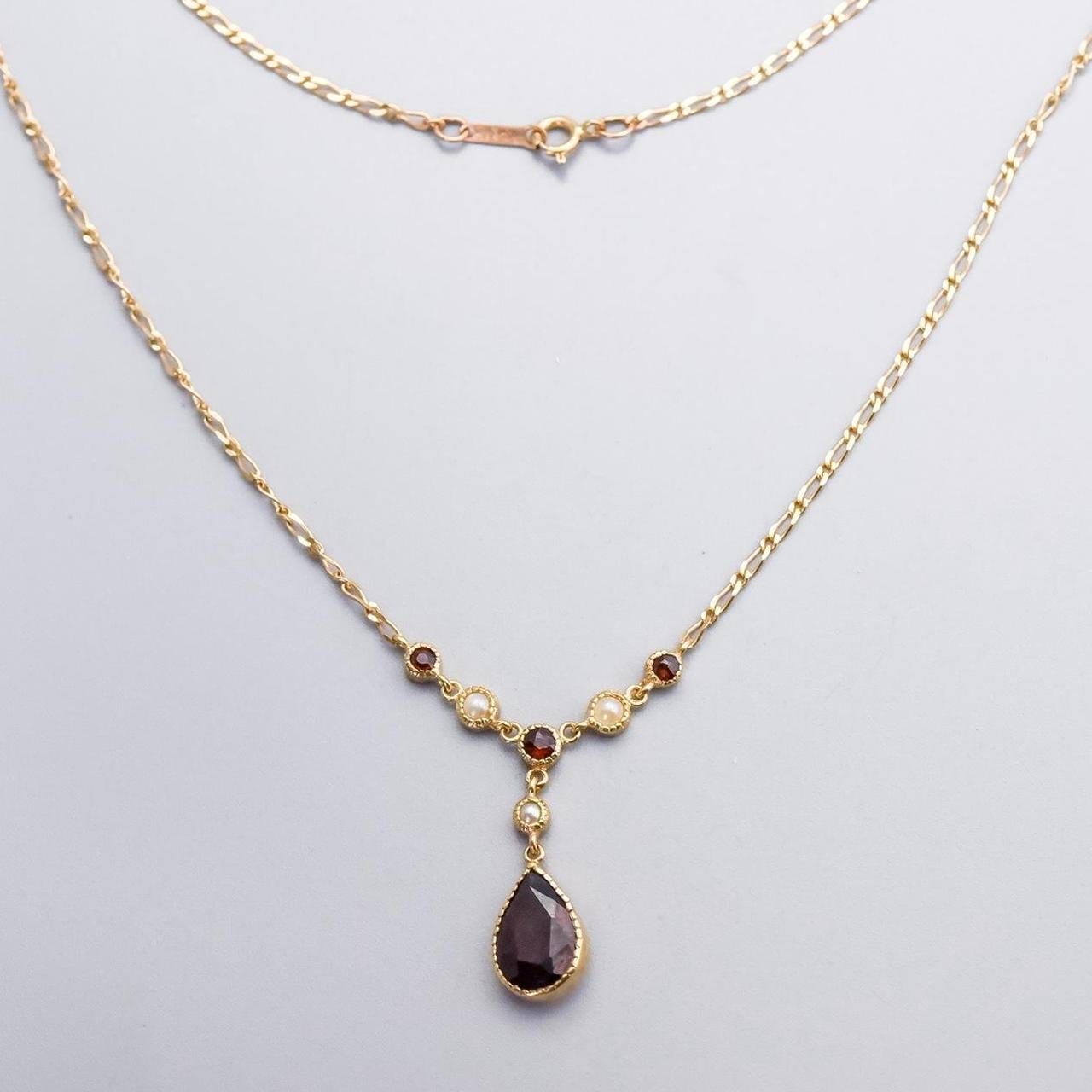 9K Gold Garnet & Pearl Y-Drop Necklace