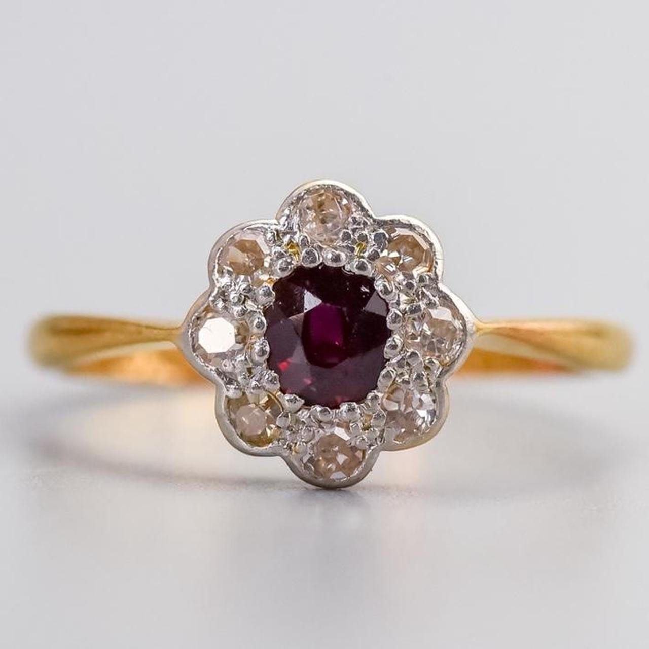 18K Gold Antique Ruby & Diamond Daisy Cluster Ring